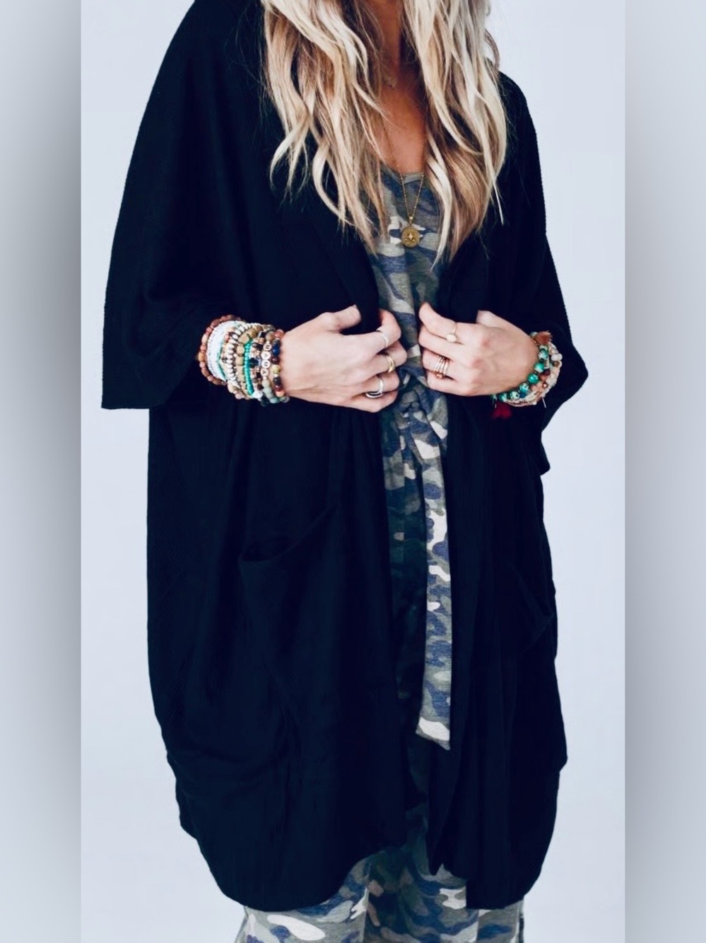 Three Bird Nest The Nest Boho Essential Hooded Ribbed Sweater Oversized Kimono L